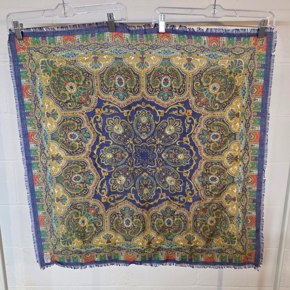 Vintage Paisley Medallion Square Scarf Navy Blue Fringed Made in Japan Acrylic